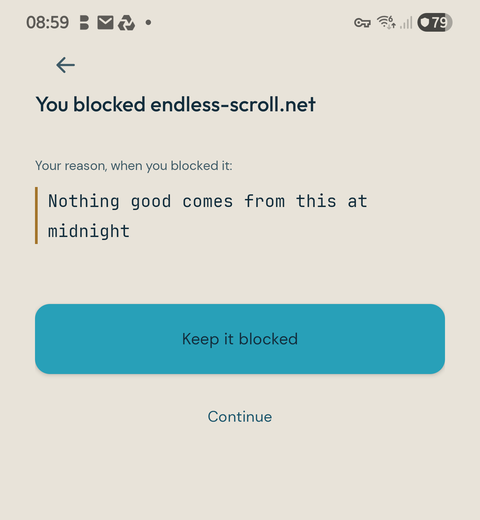 The app showing someone's own reason, with a button reading Keep it blocked.