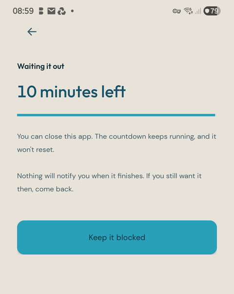 The app counting down the wait, with a button reading Keep it blocked.